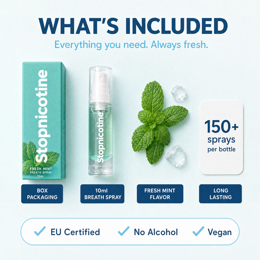 StopNicotine Smile - Haleine fraîche quelques secondes après avoir fumé | 5 saveurs | 10ml et 150+ vaporisations